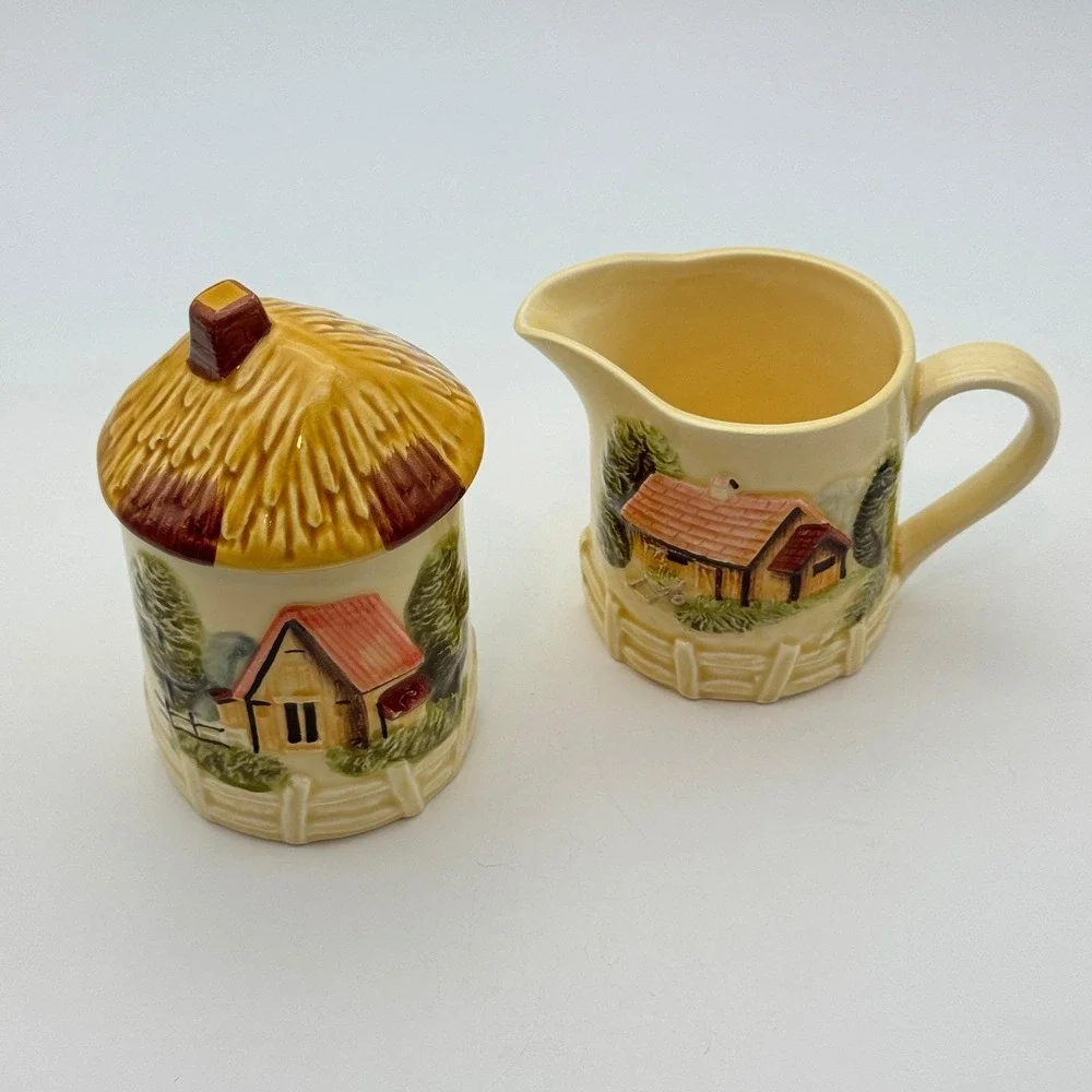 Country Scenery Sugar Creamer Set Marutake Earthenware Japan Vintage Cottagecore